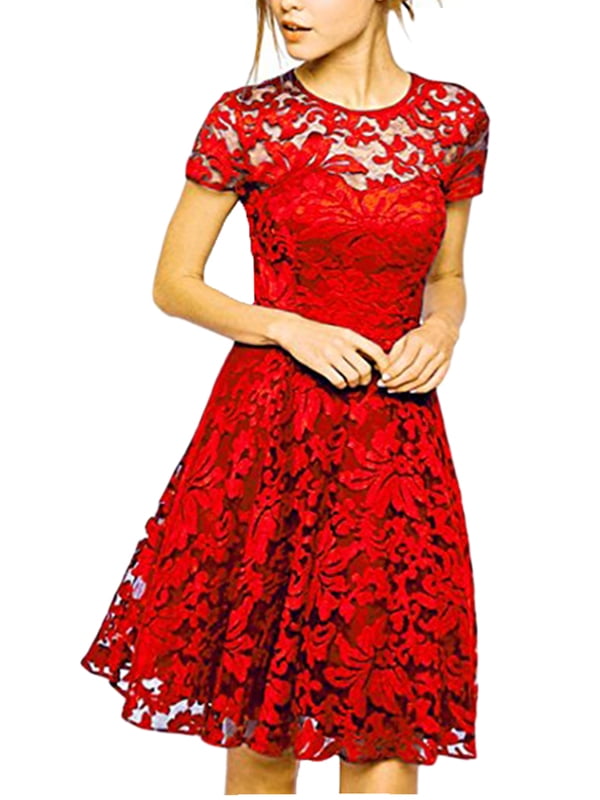 Women Lace Floral Short Sleeve Evening ...
